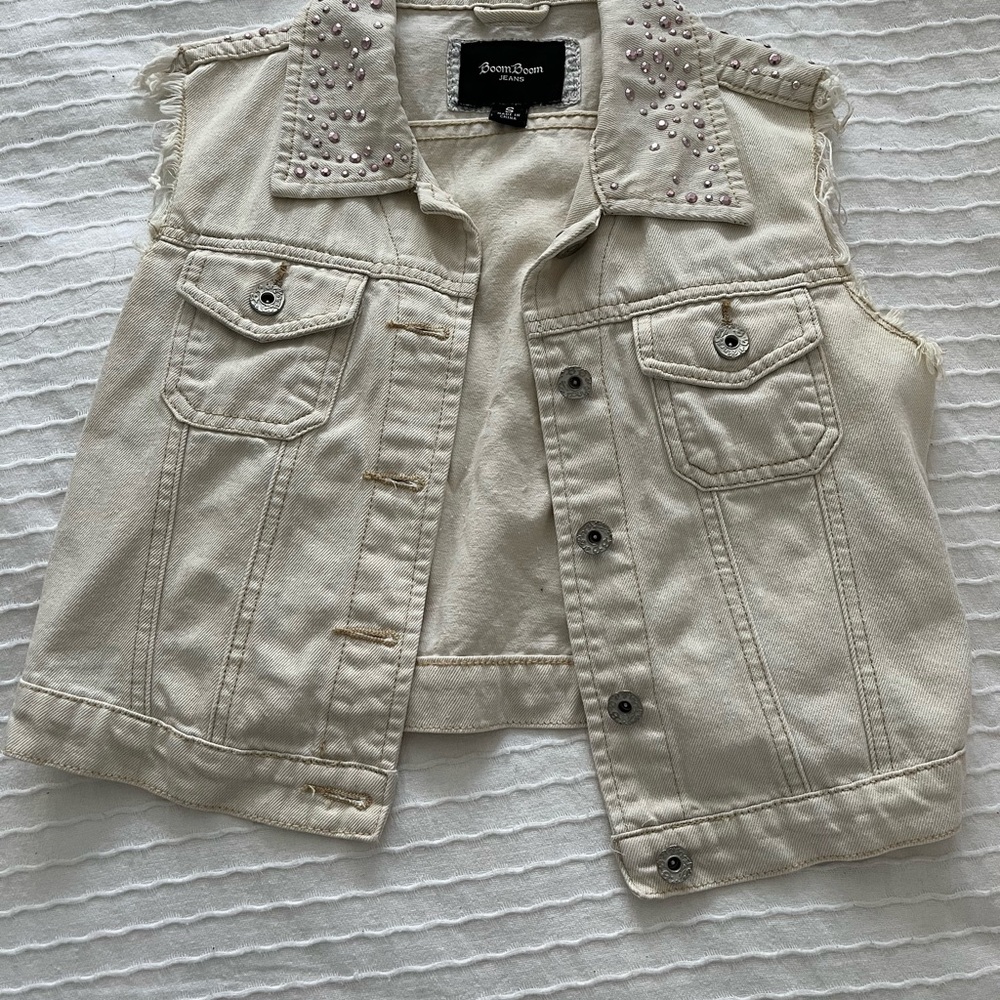 Beige Studded Denim Vest